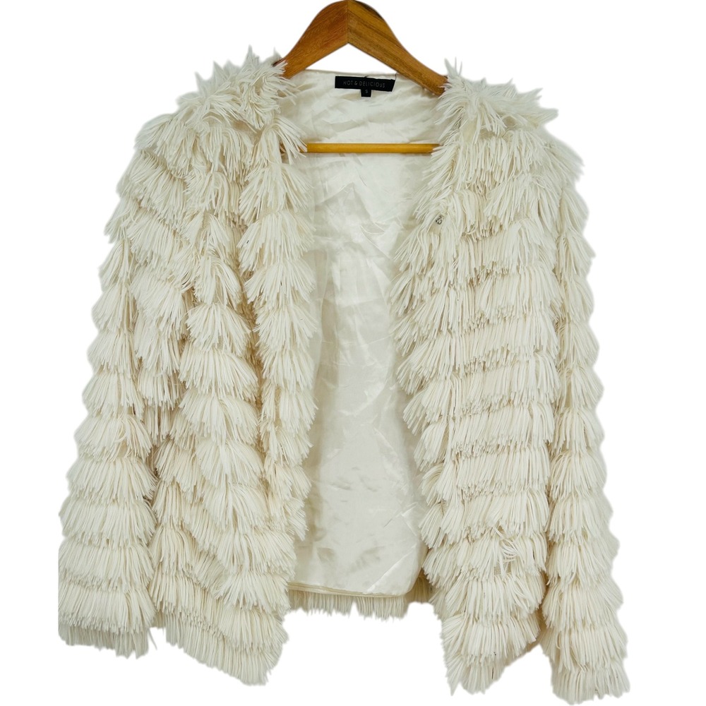 Hot & Delicious Shag Faux Fur Fringe Jacket Cream Small